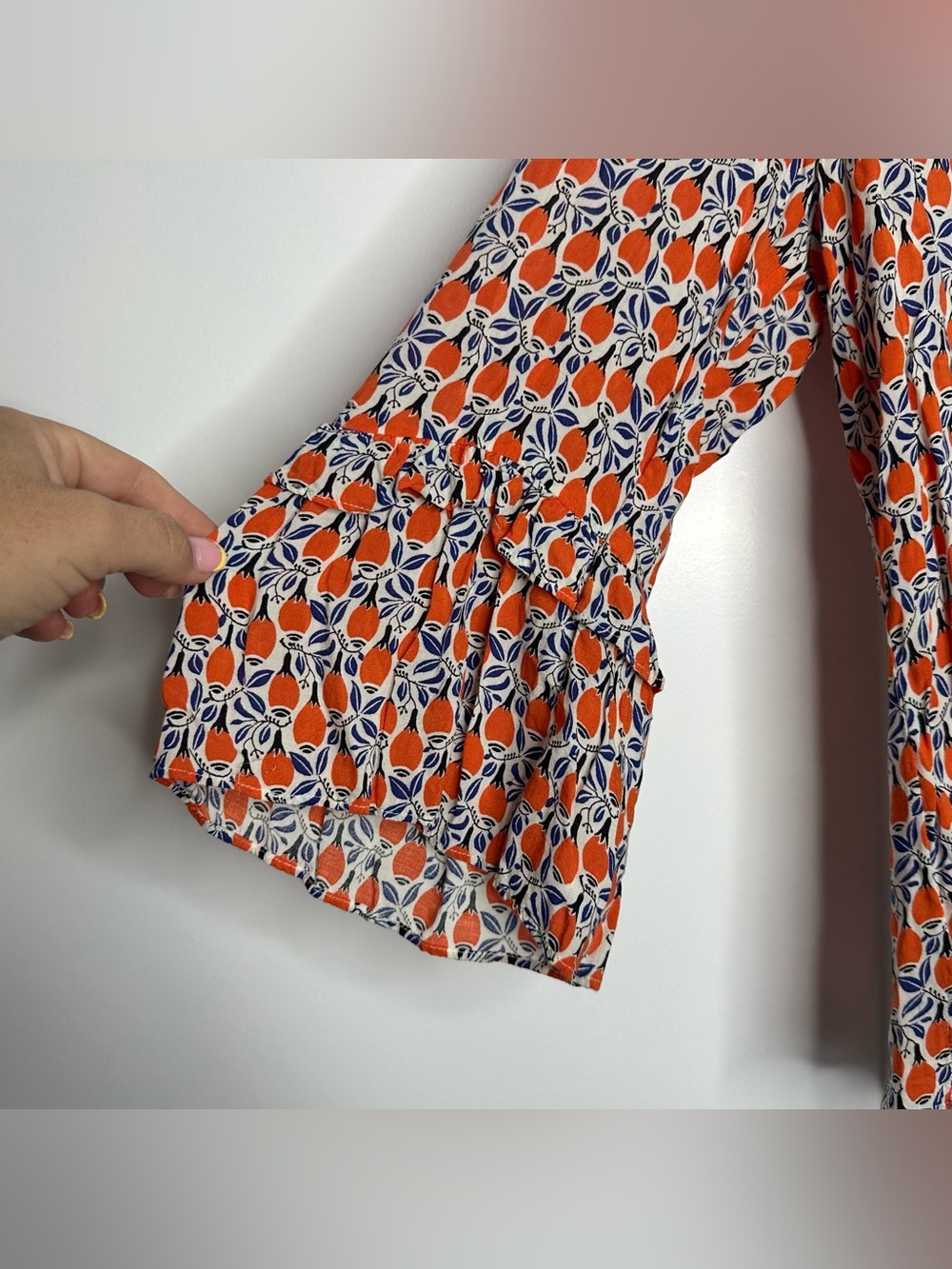 Anthropologie Maeve Berwick Bell Sleeve Maracas Print Blouse Medium Orange - Picture 6 of 14